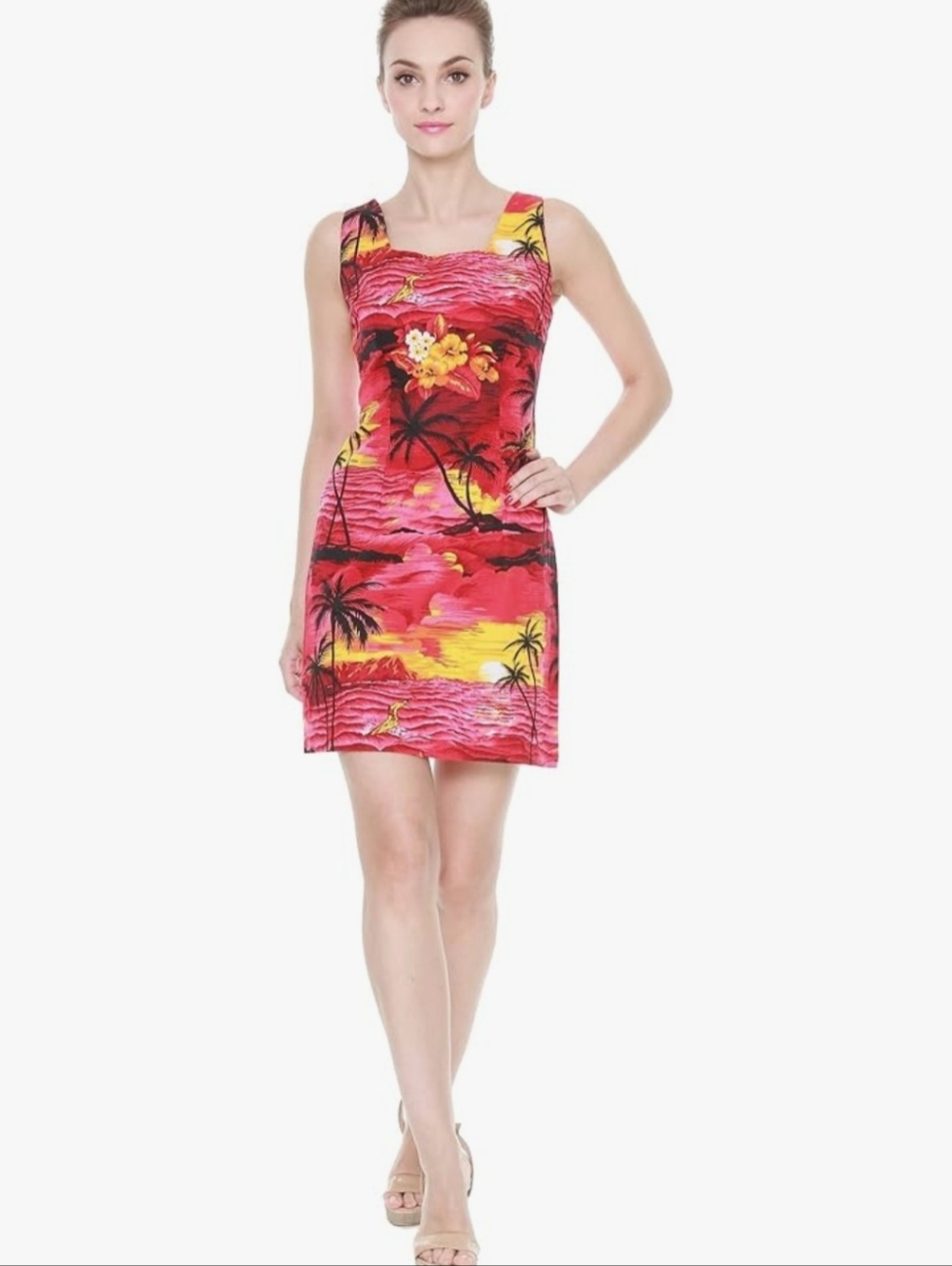 Tropical Sunset Print Sleeveless Mini Dress - Red & Yellow